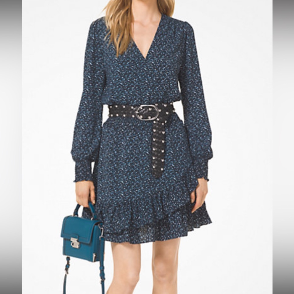 Michael Kors Blue Tweed Print Ruffled Long Sleeve Dress - Like New